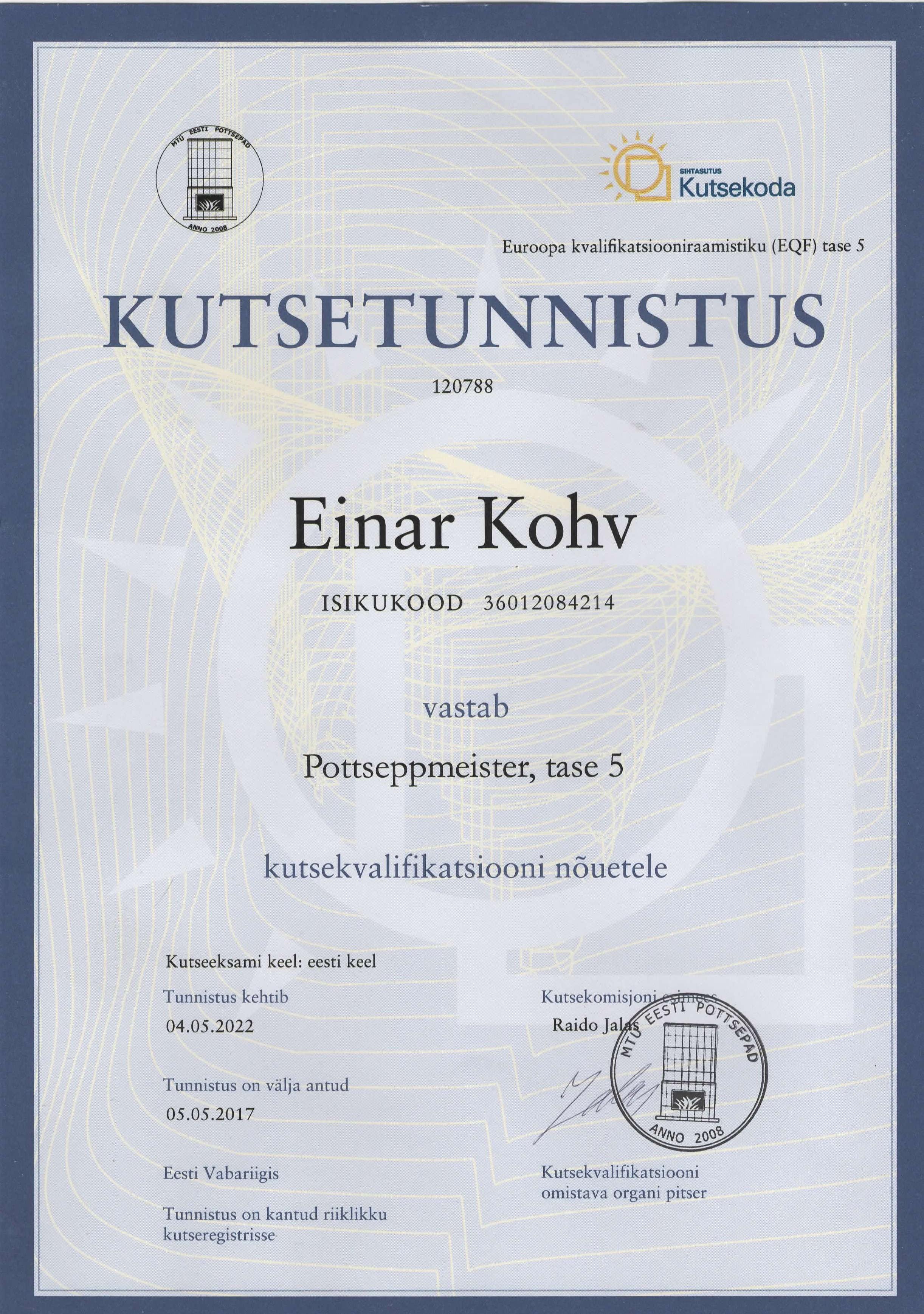 Kutsetunnistus Ahjud Pro OÜ