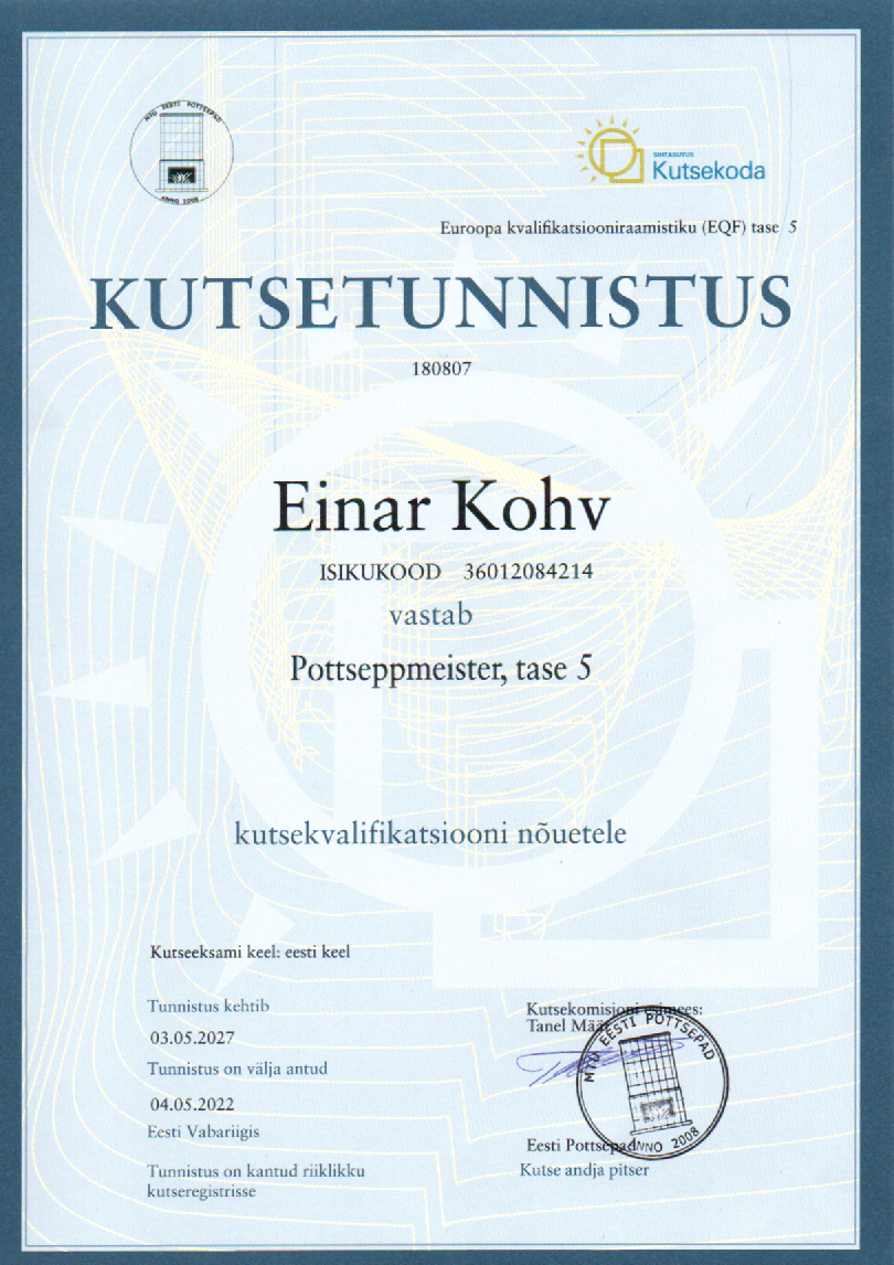 Kutsetunnistus Ahjud Pro OÜ